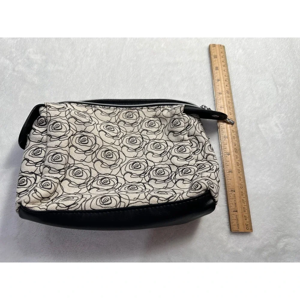 Lancome Paris Cosmetic Bag Set Black Red Rose Wristlet & Floral Canvas Pouch